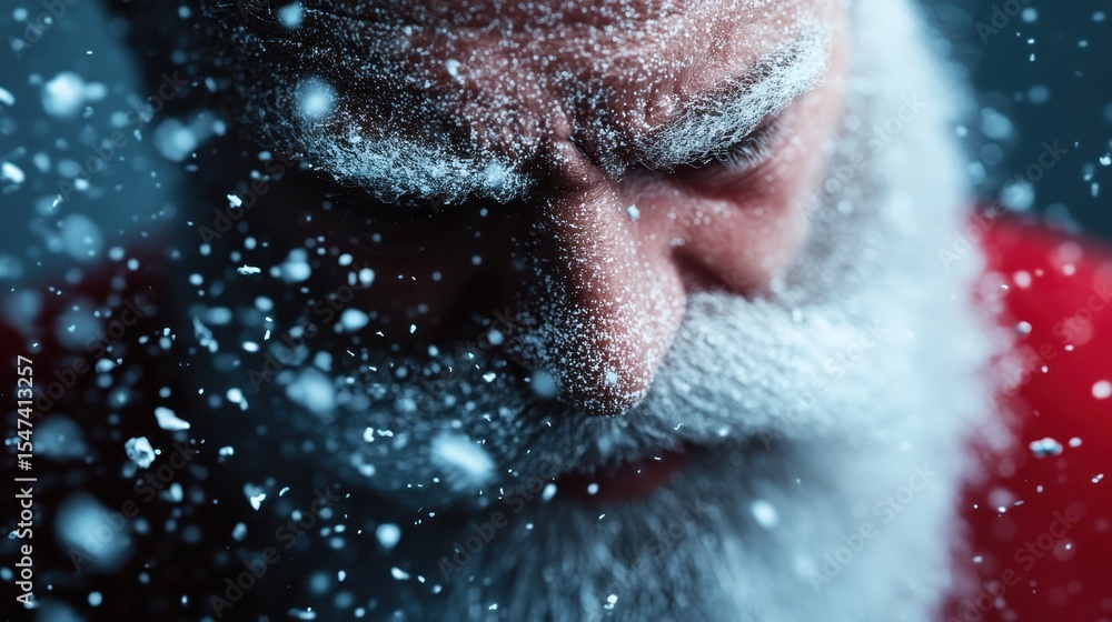 Obraz premium A captivating close-up of Santa Claus with snowflakes gently falling around him, evoking the magic and warmth of the holiday season during winter festivities.