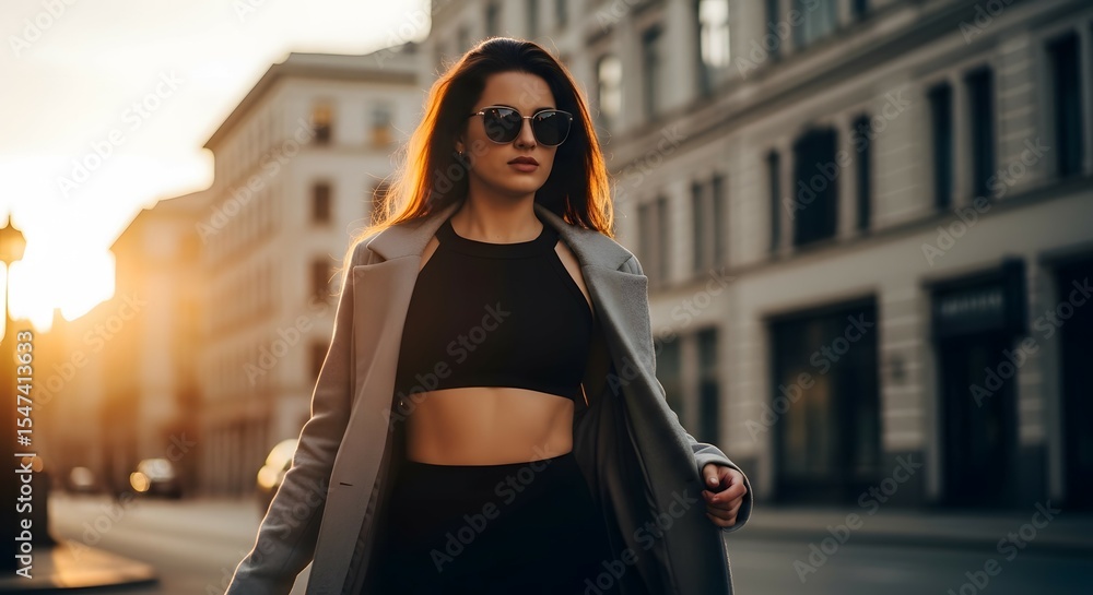 Fototapeta premium Confident fashionable woman walking city streets at sunset