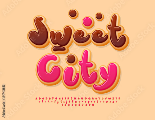 VectorTasty label Sweet City. Delicious Cake Alphabet Letters and Numbers. Donut style Font.