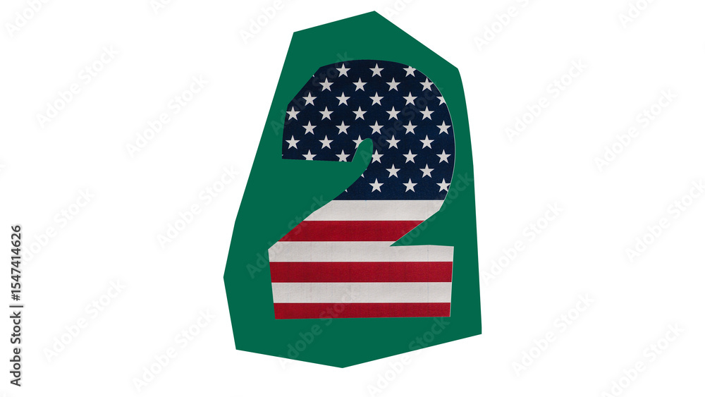 Obraz premium A stylized number two featuring the American flag design, set against a green shape.