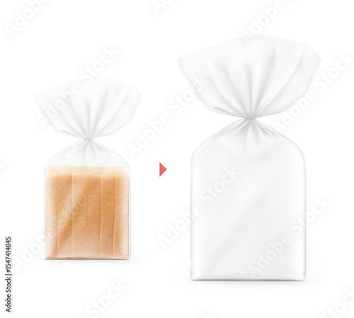 Vertical clear bag with clip band and sliced bread inside mockup. Vector illustration isolated on white background.  Mockup will make the presentation look as realistic as possible. EPS10.
