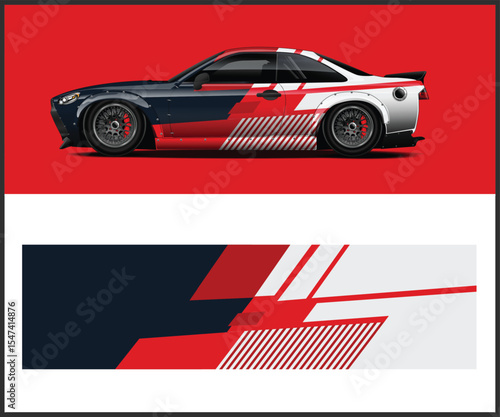 Stylized Car Illustration with Custom Wrap Design on a Red Background