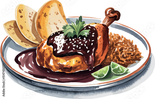 A tempting illustration showcases a traditional Mexican dish served on a plate. A succulent chicken leg is generously coated in dark, rich mole sauce, accompanied by rice,  