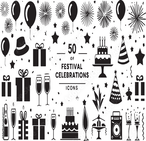 Collection of black and white festival celebration icons including cake and gifts and party supplies