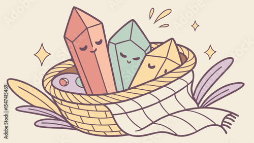 Cute pastel anthropomorphic crystals with smiling faces in a cozy wicker basket with a blanket and leaves, a charming whimsical vector illustration.