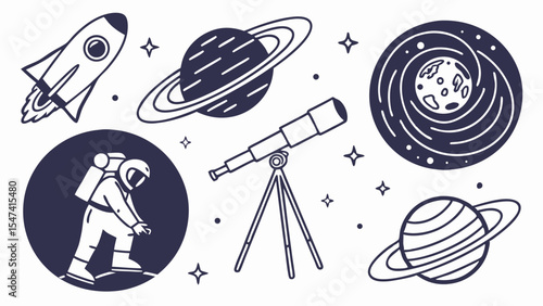 Minimalist black and white space vector illustration set with rocket planets galaxy astronaut telescope for astronomy science and cosmic exploration