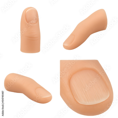 Multi-view silicone prosthetic thumb collage – anatomical skin-tone finger model – isolated on white background
