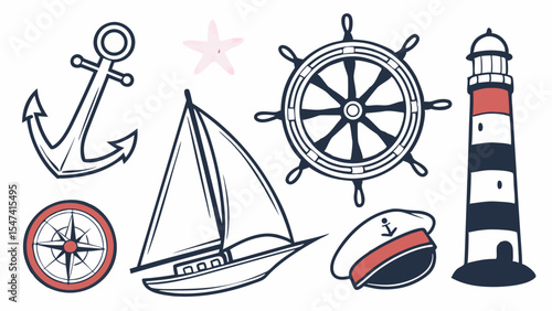 Nautical Marine Vector Illustration Set with Anchor, Sailboat, Ship's Wheel, Lighthouse, Compass, and Captain's Hat. Classic Ocean Line Art Icons Collection.