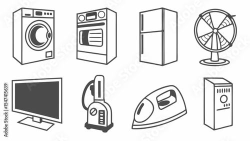 Black and white line art icons of various household appliances. Features a washing machine, oven, fridge, fan, TV, vacuum cleaner, iron, and speaker.