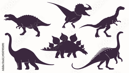 Various dinosaur silhouettes vector collection. Six ancient prehistoric creatures including T-Rex, Stegosaurus, long-neck, and spined types, isolated on white.