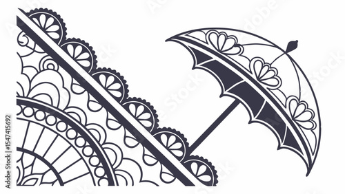 Elegant black and white vector illustration featuring an ornate decorative umbrella with floral details and a partial intricate lace fan pattern, perfect for design projects.