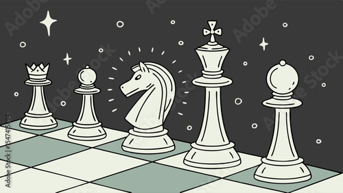 White chess pieces illustration featuring a glowing knight, king, queen, pawn, and bishop on a chessboard under a starry night sky. Minimalist vector art.