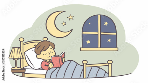 Cute cartoon illustration of a young boy reading a bedtime storybook in his cozy bed at night, peaceful children's sleep routine with moon and stars.