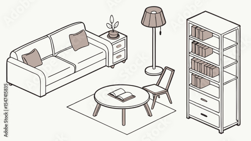 Minimalist isometric line art living room furniture set featuring a sofa, coffee table, bookshelf, floor lamp, and chair. Modern home decor elements.