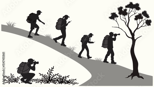 Monochrome vector silhouette of hikers and backpackers ascending a winding outdoor trail, capturing nature photography near a prominent tree.