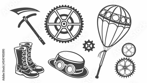 Steampunk adventure gear vector set with vintage industrial elements such as gears, pickaxe, boots, top hat with goggles, and a retro parachute illustration.