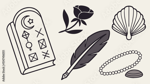 Diverse minimalist line art illustration featuring a book with religious and gender symbols, a rose, quill pen, seashell, and pearl necklace on a light background.
