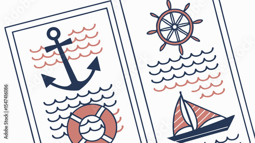 Clean vector nautical illustrations featuring anchor, lifebuoy, ship's wheel, sailboat, and waves. Stylish flat design marine icons for summer travel.