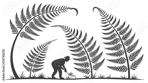 Black and white silhouette illustration of a gardener tending small plants under giant arching fern fronds, depicting nature's scale and human interaction with botany.