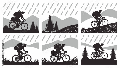 Bikepacking adventure silhouettes collection featuring cyclists in mountains, forests, and rain. Grayscale vector illustrations of outdoor cycling journeys.