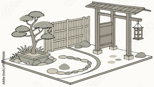 Isometric minimalist Japanese Zen garden illustration featuring a traditional torii gate, elegant bonsai tree, wooden fence, and serene stepping stones path.