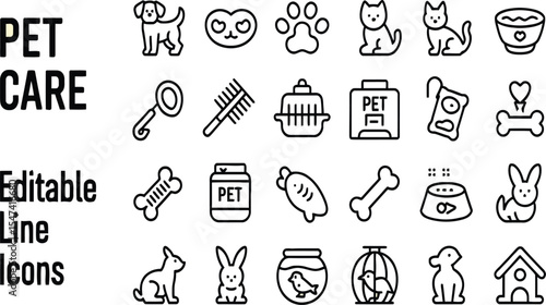 Editable Line Icons for Pet Care Supplies Dogs Cats Rabbits Birds Food Bowls Toys Brushes