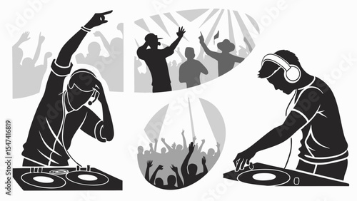 Two DJs mixing music for a vibrant club party, with dancing crowd silhouettes and bright spotlights. Black and white vector graphic of energetic entertainment.