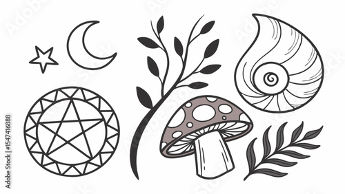Hand-drawn outline mystical pagan witchcraft symbols set featuring pentagram, crescent moon, star, mushroom, seashell, branch, and fern doodle art.