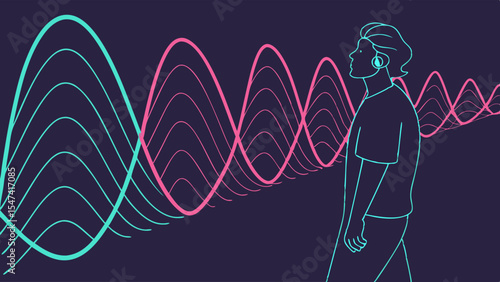 Modern digital illustration of a man with earbuds listening to abstract blue and pink sound waves. Concept for audio perception, brain activity, and sound therapy.