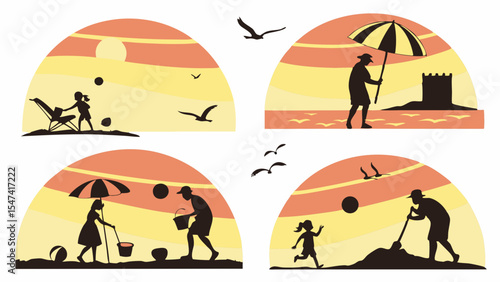 Warm sunset beach silhouettes. Families enjoy summer vacation, kids playing, building sandcastles, and adults relaxing by the ocean with umbrellas.