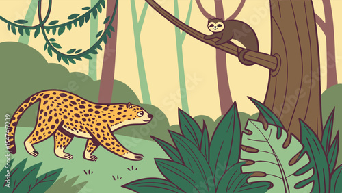 Vibrant cartoon illustration of a spotted jaguar walking through a lush tropical jungle, with a brown sloth hanging from a tree branch in its natural habitat.
