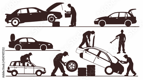 Black and white vector silhouettes of mechanics performing automotive repair and vehicle maintenance tasks like tire changes, engine checks, and car lifts.
