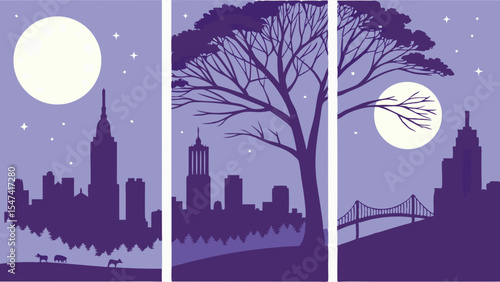 Purple Triptych City Night Silhouettes Art featuring a Full Moon, Bare Tree, Skyscrapers, and Bridge in a Modern Urban Landscape
