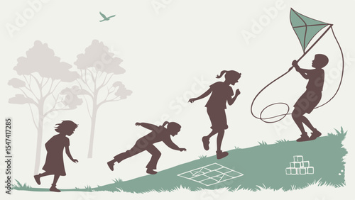 Joyful children playing outdoors on a green hill. Silhouette illustration of kids flying a kite, running, and hopscotch, celebrating active childhood fun in nature.