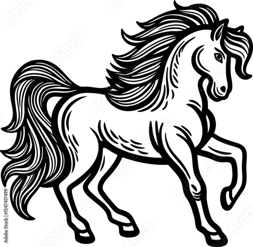 Elegant prancing horse illustration in vintage hand drawn black and white engraving