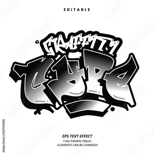 Editable Text Effect Vector of Black White Gradation Street wear Bold Grafitti Sticker Tshirt Label apparel Logo Decoration for craft, printing, small business, creative industry, card, event
