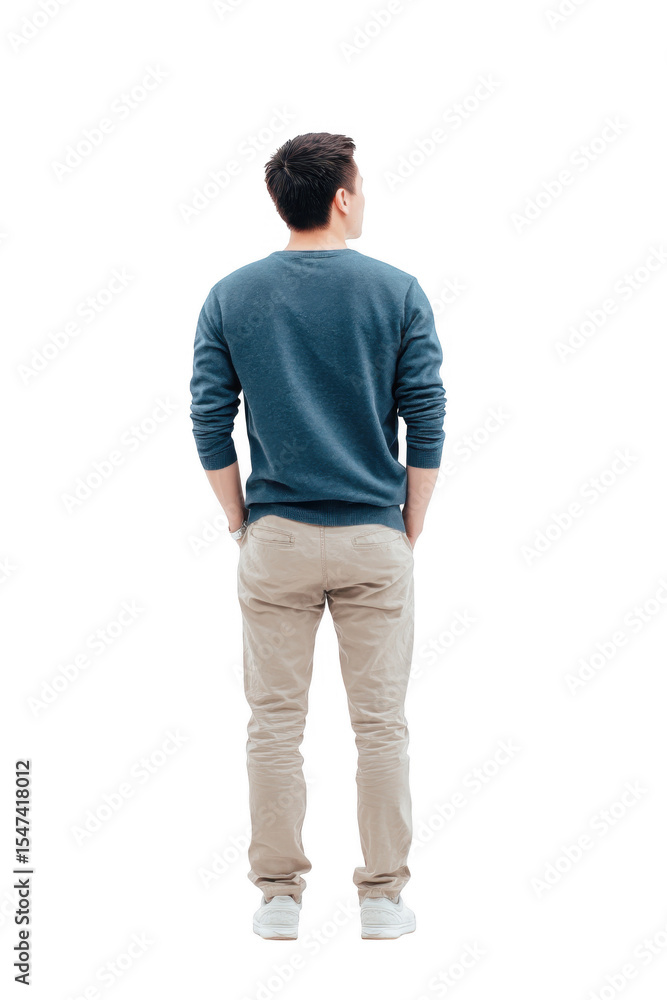 A young man stands with his back to the camera. dressed casually in a blue sweater and beige pants. in a minimalistic white studio. contemplating his next steps in a serene environment A young man stands with his back to the camera. dressed casually in a blue sweater and beige pants. in a minimalistic white studio. contemplating his next steps in a serene environment