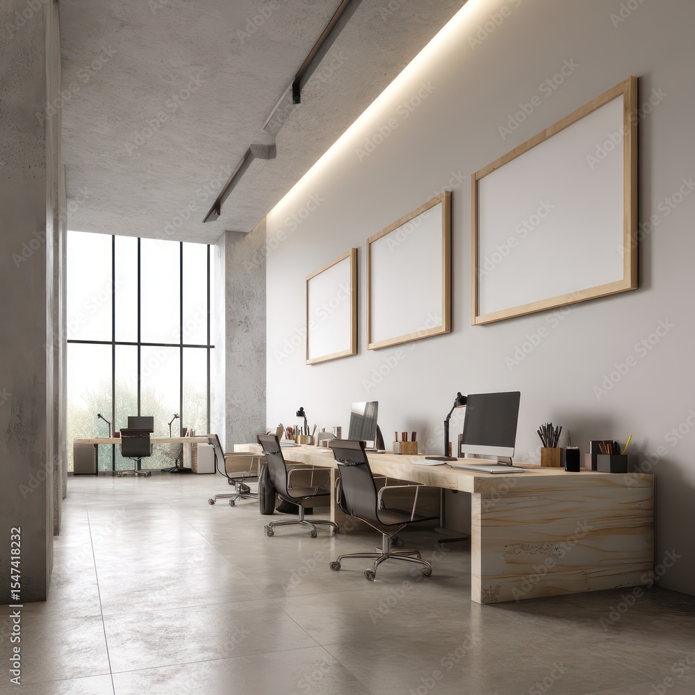 Fototapeta premium Spacious workspace with polished concrete finishes, minimalist desk, and whiteboard frames.