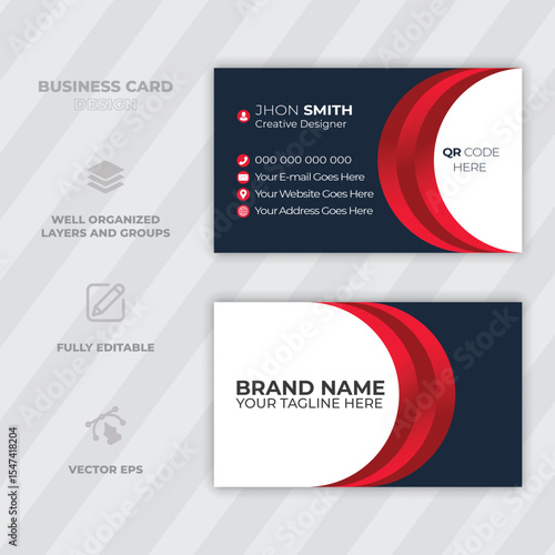Professional and modern business card design with stylish red and dark blue curved elements