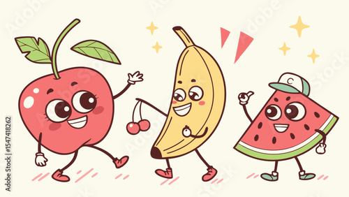 Adorable cartoon fruits dancing. A happy cherry, cheerful banana holding cherries, and playful watermelon slice in a cap. Whimsical vector illustration.