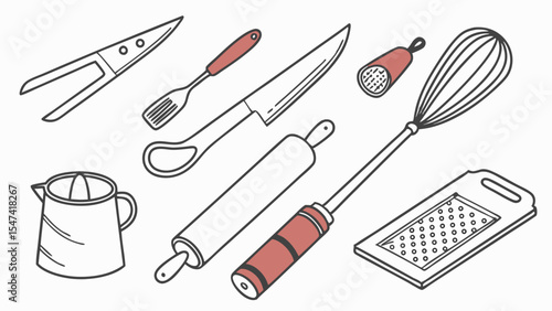 Simple Line Art Kitchen Utensils Illustration. Outline Drawing of Cooking and Baking Tools Whisk, Rolling Pin, Grater, Knife, Juicer. Essential Home Kitchen Gadgets.