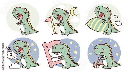 Adorable green dinosaur cartoon collection illustrating a sleepy dino's daily bedtime routine and sweet dreams. Kawaii vector art of a cute T-Rex yawning, napping, and relaxing.