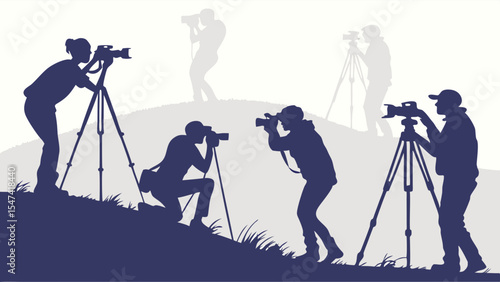 Outdoor photography workshop scene: blue silhouette vector illustration of photographers with cameras and tripods on rolling hills capturing nature landscapes.