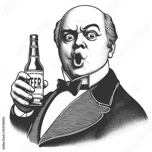 Funny bald man in formalwear holding a labeled beer bottle with exaggerated expression sketch engraving generative ai fictional character vector illustration. Scratch board imitation. Black and white.