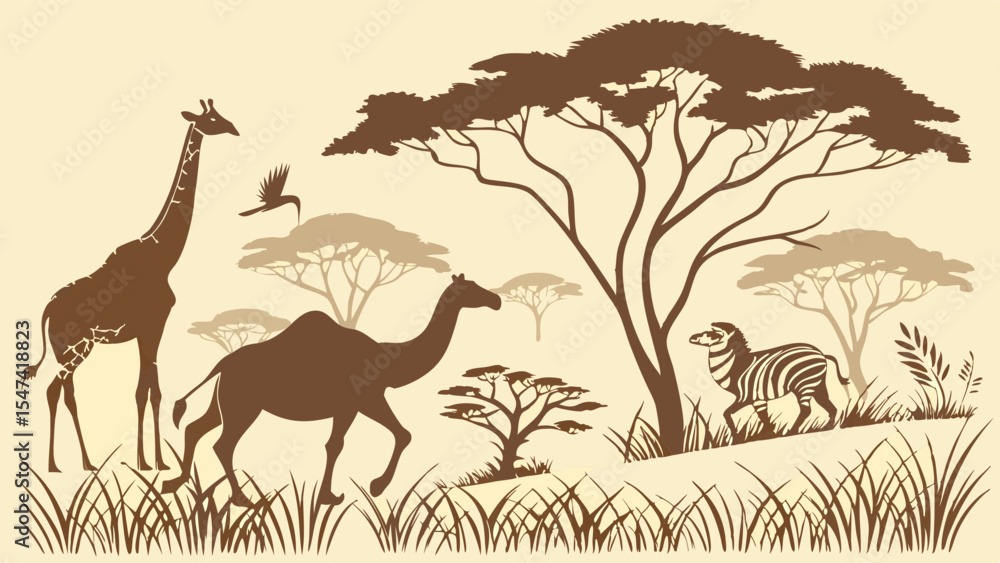 Fototapeta premium African Safari Wildlife Silhouette Illustration featuring Giraffe, Camel, Zebra, and Acacia Trees in Earthy Brown Tones. Vector Landscape Art