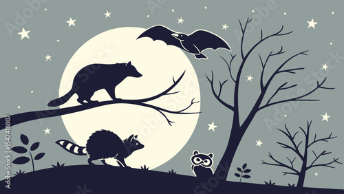 Silhouetted nocturnal animals illustration with raccoons, a bat, and an owl under a full moon and stars at night. Peaceful wildlife vector art.