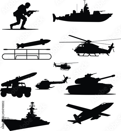 Silhouette Collection of Military Equipment and Personnel, Minimalist Black and White Illustration, Defense and Warfare Concept