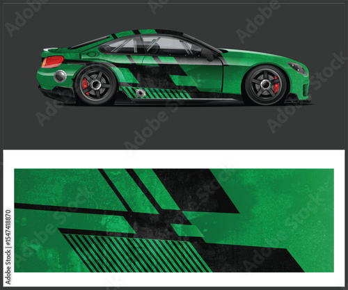 Green Sports Car with Black Graphics and Matching Wrap Design Template