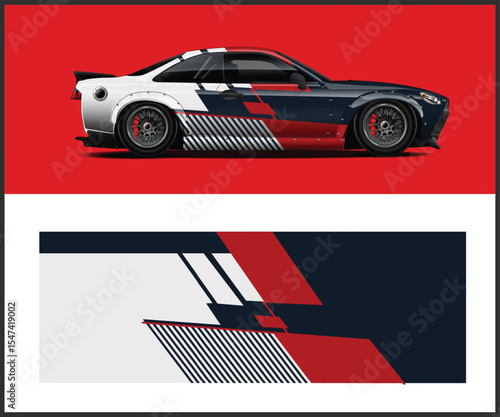 Sleek Sports Car with Custom Wrap Design in Red White and Navy
