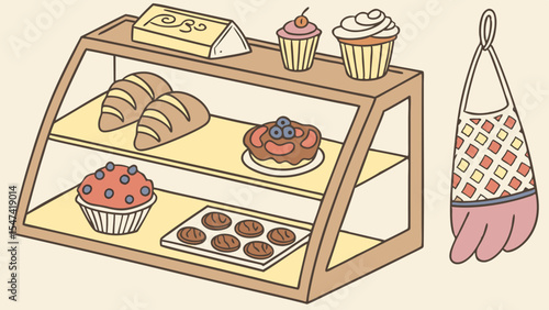 Hand-drawn bakery display case with fresh bread, muffins, cupcakes, pastries, and cookies, alongside a decorative oven mitt on a light background.